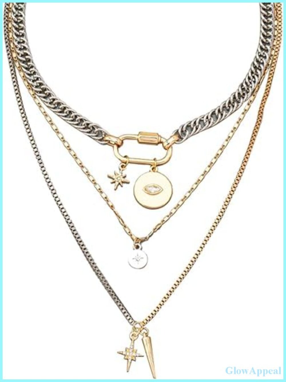 QCWN Gold Layered Stacked Necklaces 3PS Chunky Statement Mixed Metal Charm